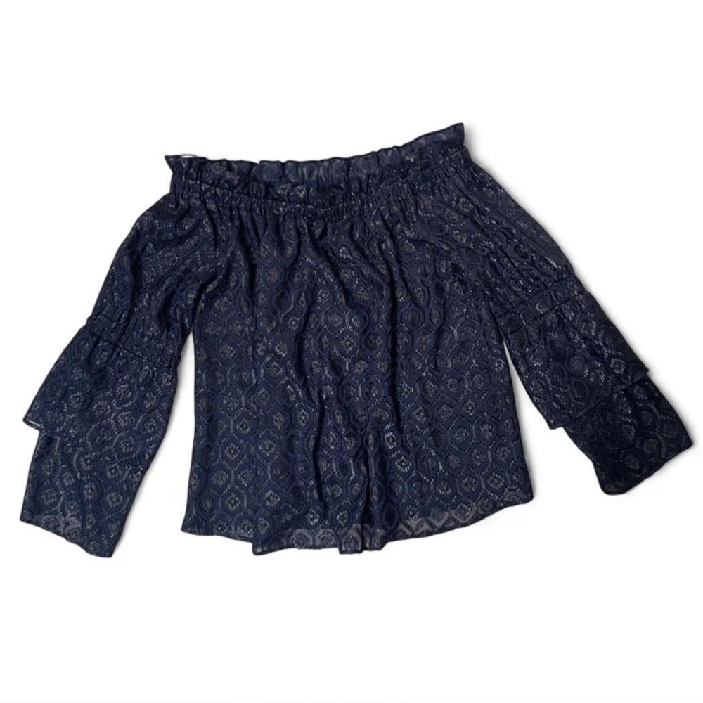 Lucky Brand Navy Blue Iridescent off the shoulder Top with Bell Sleeves